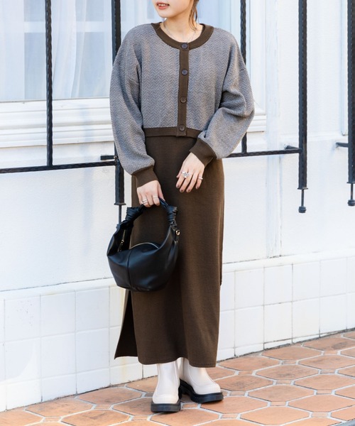 archives(アルシーヴ)の「前後2WAYヘリンボーンカーディガン+リブニットワンピース(ワンピース・レディース・ブラック/ブラウン/ベージュ・MEDIUM)」の12枚目の写真