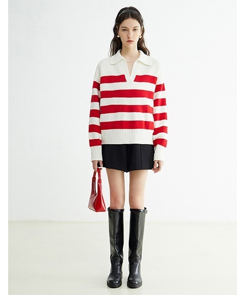 Fano Studios(ファノ ストゥディオズ)の「【Fano Studios】Pile french border skipper tops FC22S174(ニット/セーター・レディース・レッド/ブラック・S/M/L)」の3枚目の写真