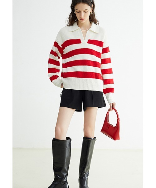 Fano Studios(ファノ ストゥディオズ)の「【Fano Studios】Pile french border skipper tops FC22S174(ニット/セーター・レディース・レッド/ブラック・S/M/L)」の4枚目の写真