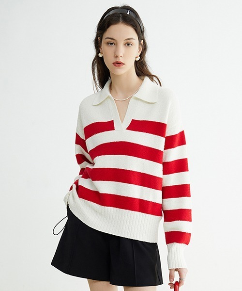 Fano Studios(ファノ ストゥディオズ)の「【Fano Studios】Pile french border skipper tops FC22S174(ニット/セーター・レディース・レッド/ブラック・S/M/L)」の5枚目の写真