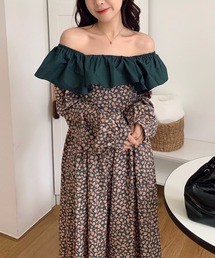 2wayレトロ小花柄ワンピース(オフショルダー)