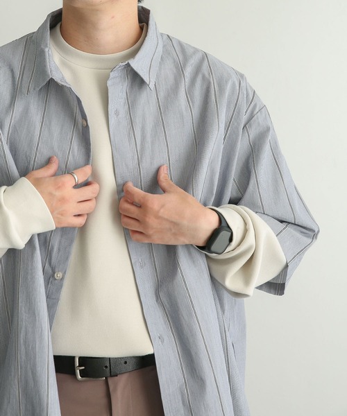 SENSE OF PLACE by URBAN RESEARCH(センスオブプレイスバイアーバンリサーチ)の「ストライプエクストラルーズシャツ(5分袖)(シャツ/ブラウス・メンズ・ホワイト/ネイビー/ライトベージュ・MEDIUM/LARGE)」の16枚目の写真