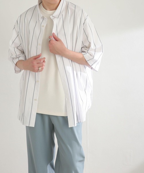 SENSE OF PLACE by URBAN RESEARCH(センスオブプレイスバイアーバンリサーチ)の「ストライプエクストラルーズシャツ(5分袖)(シャツ/ブラウス・メンズ・ホワイト/ネイビー/ライトベージュ・MEDIUM/LARGE)」の5枚目の写真