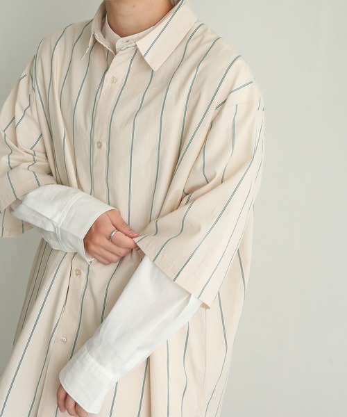 SENSE OF PLACE by URBAN RESEARCH(センスオブプレイスバイアーバンリサーチ)の「ストライプエクストラルーズシャツ(5分袖)(シャツ/ブラウス・メンズ・ホワイト/ネイビー/ライトベージュ・MEDIUM/LARGE)」の10枚目の写真