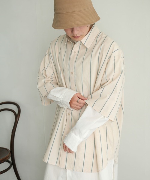 SENSE OF PLACE by URBAN RESEARCH(センスオブプレイスバイアーバンリサーチ)の「ストライプエクストラルーズシャツ(5分袖)(シャツ/ブラウス・メンズ・ホワイト/ネイビー/ライトベージュ・MEDIUM/LARGE)」の11枚目の写真