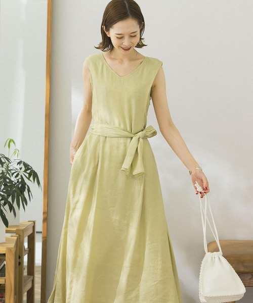 【美品】ロッソ♡リボンマキシワンピース リネン混 ベージュ ロング丈 ROSSO 美品】ロッソ♡リボンマキシワンピース リネン混 ベージュ