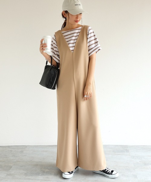 梨地ポンチVネックサロペット