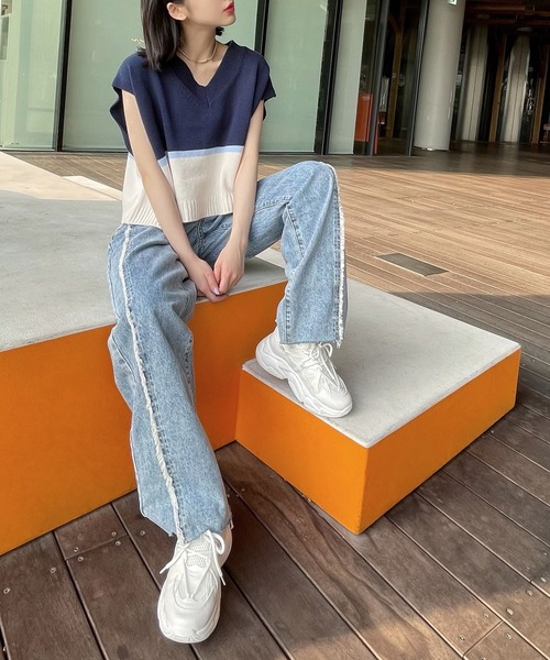 Figments（フィグメンツ）の「フリンジ切替デニムパンツ（デニムパンツ・レディース・ライトインディゴブルー・MEDIUM/LARGE/SMALL）」の13枚目の写真