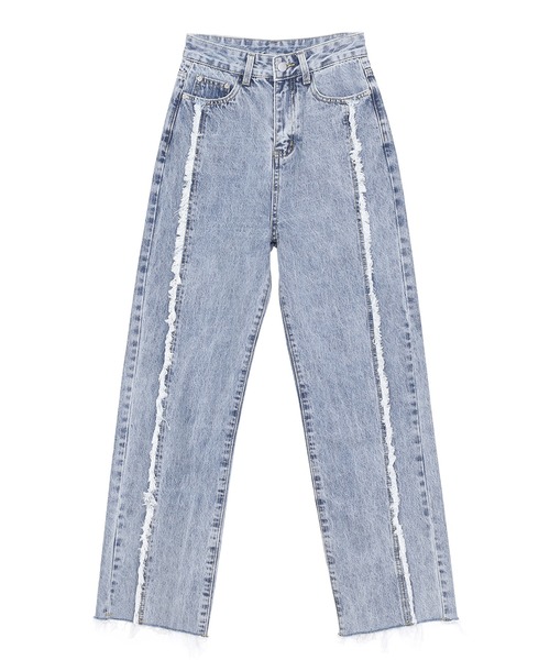 Figments（フィグメンツ）の「フリンジ切替デニムパンツ（デニムパンツ・レディース・ライトインディゴブルー・MEDIUM/LARGE/SMALL）」の2枚目の写真