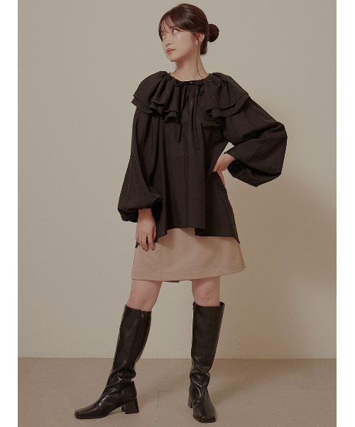 Stylevoice for xxx（スタイルヴォイスフォー）の「2WAYラッフルカラーシアーブラウス（シャツ/ブラウス・レディース・ブラック/グレイッシュベージュ・FREE）」の7枚目の写真