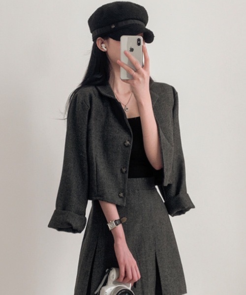 BEIDELLI（ベイデリー）の「[BELLIDE MADE] ヘリンボーンチェックジャケット+スカートセットアップ（セットアップ・レディース・ブラック/ブラウン・FREE）」の3枚目の写真