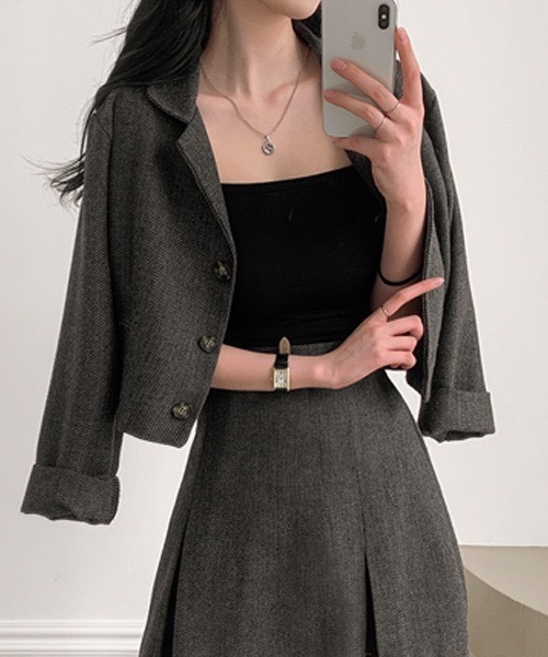 BEIDELLI（ベイデリー）の「[BELLIDE MADE] ヘリンボーンチェックジャケット+スカートセットアップ（セットアップ・レディース・ブラック/ブラウン・FREE）」の9枚目の写真
