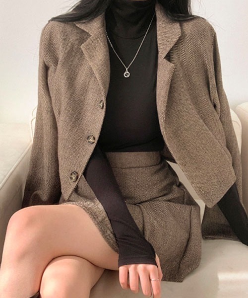 BEIDELLI（ベイデリー）の「[BELLIDE MADE] ヘリンボーンチェックジャケット+スカートセットアップ（セットアップ・レディース・ブラック/ブラウン・FREE）」の7枚目の写真