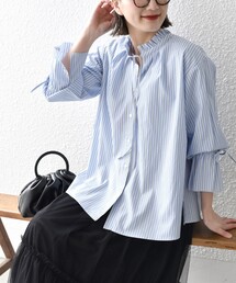 SHIPS | *〈手洗い可能〉ブロード ストライプ キャンディ スリーブ ブラウス◆(シャツ/ブラウス)