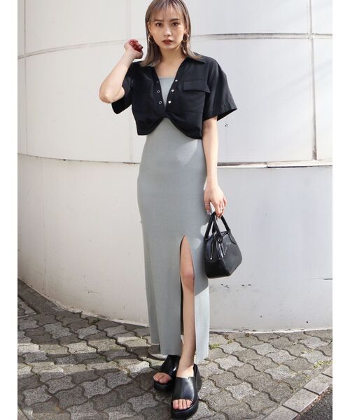 M me eme エムエメ ダブルストラップスリットワンピース グレー M me eme エムエメ ダブルストラップスリットワンピース グレー