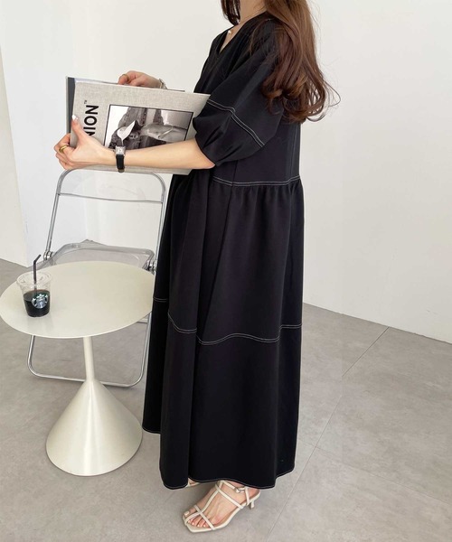 ワンピース 切り替え メッシュ ランタンスリーブ レタープリント セール】自然体で1枚さらり。夏 使える 前後2way 配色ステッチ