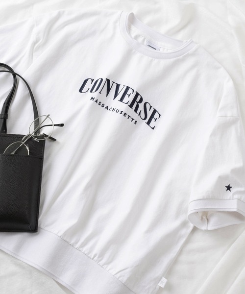 CONVERSE(コンバース)の「【CONVERSE/コンバース】ワイドシルエット ブランドロゴ刺繍 リブデザイン ショート丈 半袖Tシャツ/ワンポイント/ピスネーム(Tシャツ/カットソー・レディース・ブラック/ネイビー/ホワイト・M/L)」の1枚目の写真