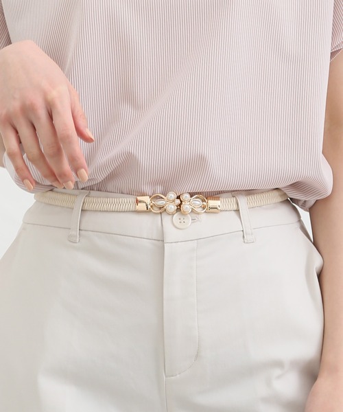 Honeys（ハニーズ）の「パール付ゴムベルト（ベルト・レディース・アイボリー/ブラック・FREE）」の4枚目の写真