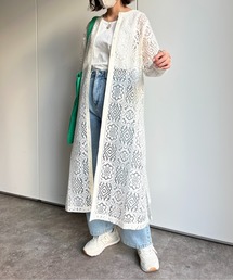 ブロックレース長袖シャツワンピース