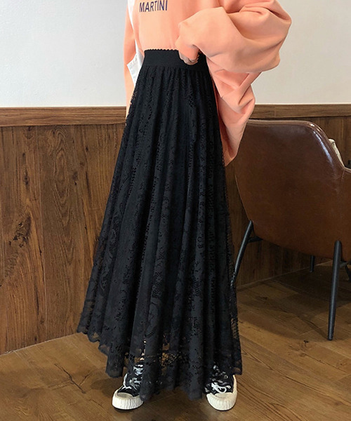 c.u.l（シーユーエル）の「花柄レースデザイン ロングスカート culw446（スカート・レディース・ブラック/アイボリー・FREE）」の2枚目の写真
