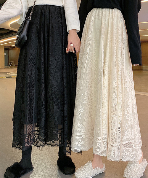 c.u.l（シーユーエル）の「花柄レースデザイン ロングスカート culw446（スカート・レディース・ブラック/アイボリー・FREE）」の3枚目の写真