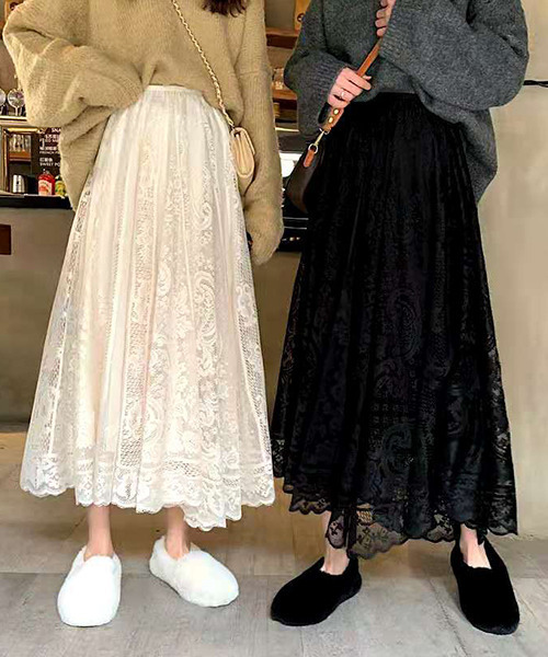 c.u.l（シーユーエル）の「花柄レースデザイン ロングスカート culw446（スカート・レディース・ブラック/アイボリー・FREE）」の5枚目の写真