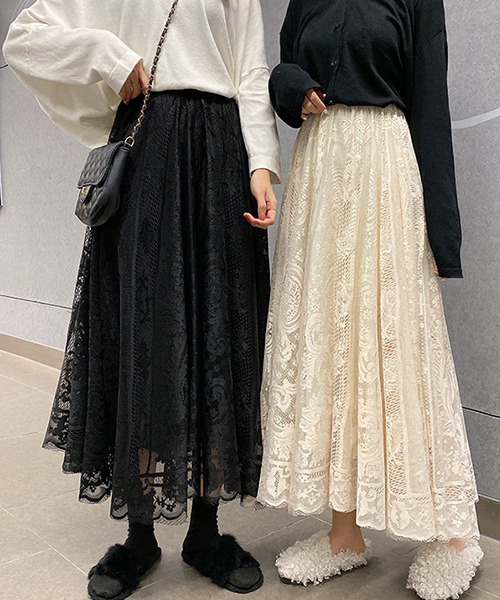 c.u.l（シーユーエル）の「花柄レースデザイン ロングスカート culw446（スカート・レディース・ブラック/アイボリー・FREE）」の6枚目の写真