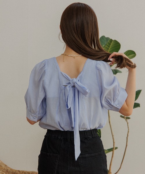 flower（フラワー）の「リボンパフハーフブラウス（シャツ/ブラウス・レディース・アイボリー/ブラウン/ブルー/グリーン・FREE）」の7枚目の写真