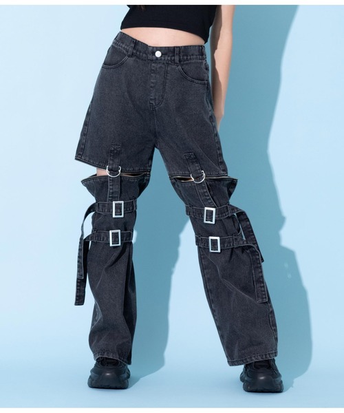 ANAP GiRL(アナップガール)の「4WAYジップ付きセパレートデニムワイドパンツ(デニムパンツ・キッズ・ブルー/ブラック/ホワイト・M/S/XS)」の2枚目の写真