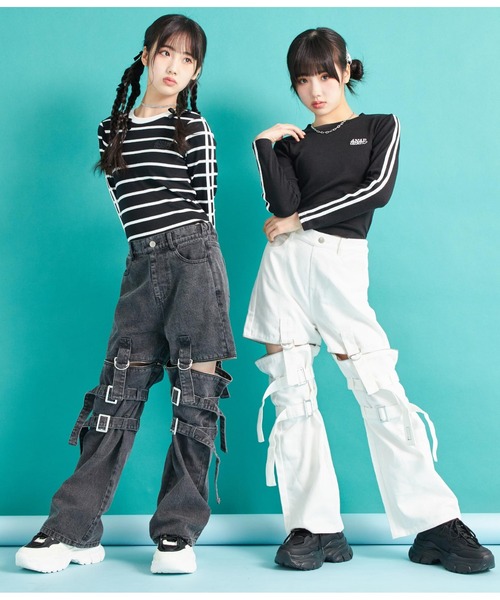 ANAP GiRL(アナップガール)の「4WAYジップ付きセパレートデニムワイドパンツ(デニムパンツ・キッズ・ブルー/ブラック/ホワイト・M/S/XS)」の16枚目の写真