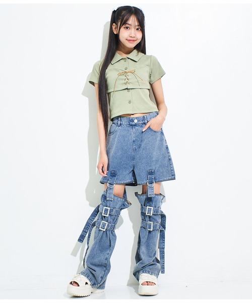 ANAP GiRL(アナップガール)の「4WAYジップ付きセパレートデニムワイドパンツ(デニムパンツ・キッズ・ブルー/ブラック/ホワイト・M/S/XS)」の13枚目の写真