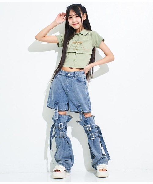 ANAP GiRL(アナップガール)の「4WAYジップ付きセパレートデニムワイドパンツ(デニムパンツ・キッズ・ブルー/ブラック/ホワイト・M/S/XS)」の10枚目の写真