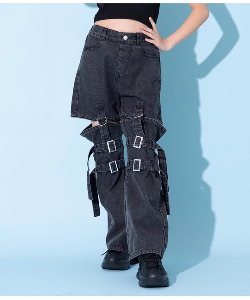 ANAP GiRL(アナップガール)の「4WAYジップ付きセパレートデニムワイドパンツ(デニムパンツ・キッズ・ブルー/ブラック/ホワイト・M/S/XS)」の4枚目の写真