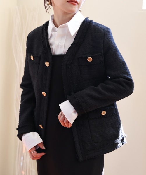 ULEULA（ウルア）の「ツイードジャケット/Vネックノーカラージャケット（ノーカラージャケット・レディース・アイボリー/ブラック・FREE）」の19枚目の写真