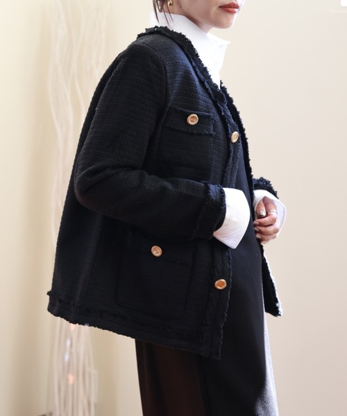 ULEULA（ウルア）の「ツイードジャケット/Vネックノーカラージャケット（ノーカラージャケット・レディース・アイボリー/ブラック・FREE）」の20枚目の写真
