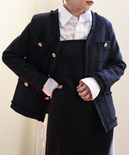 ULEULA（ウルア）の「ツイードジャケット/Vネックノーカラージャケット（ノーカラージャケット・レディース・アイボリー/ブラック・FREE）」の16枚目の写真