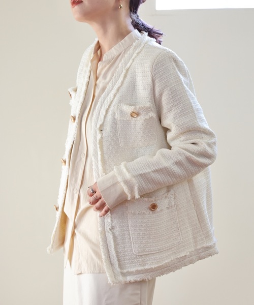 ULEULA（ウルア）の「ツイードジャケット/Vネックノーカラージャケット（ノーカラージャケット・レディース・アイボリー/ブラック・FREE）」の6枚目の写真