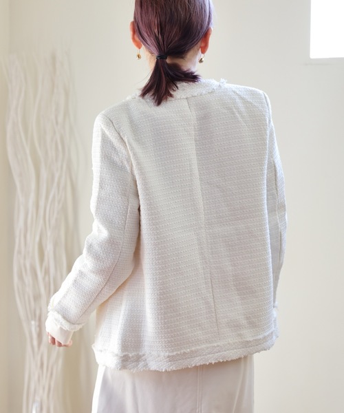 ULEULA（ウルア）の「ツイードジャケット/Vネックノーカラージャケット（ノーカラージャケット・レディース・アイボリー/ブラック・FREE）」の7枚目の写真