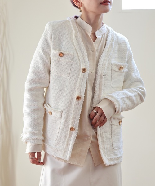 ULEULA（ウルア）の「ツイードジャケット/Vネックノーカラージャケット（ノーカラージャケット・レディース・アイボリー/ブラック・FREE）」の5枚目の写真