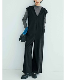 IEDIT シックなワントーンが大人っぽい あったか素材のカットソーサロペットセット〈グレー×ブラック〉