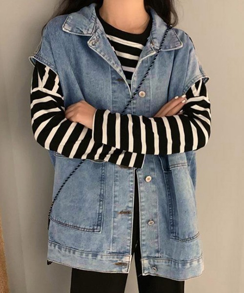 Miniministore(ミニミニストア)の「デニムベスト ジレ レディース 重ね着(ベスト・レディース・サックスブルー/ブラック・FREE)」の1枚目の写真