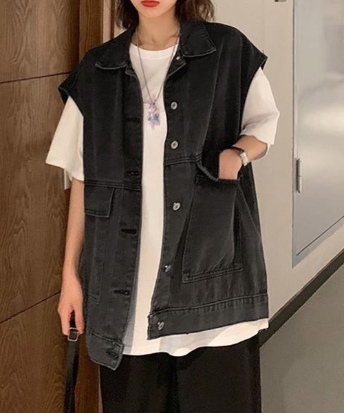 Miniministore(ミニミニストア)の「デニムベスト ジレ レディース 重ね着(ベスト・レディース・サックスブルー/ブラック・FREE)」の3枚目の写真