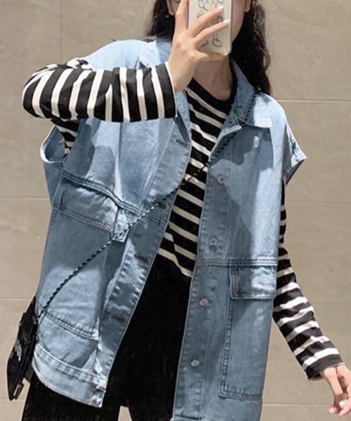 Miniministore(ミニミニストア)の「デニムベスト ジレ レディース 重ね着(ベスト・レディース・サックスブルー/ブラック・FREE)」の6枚目の写真