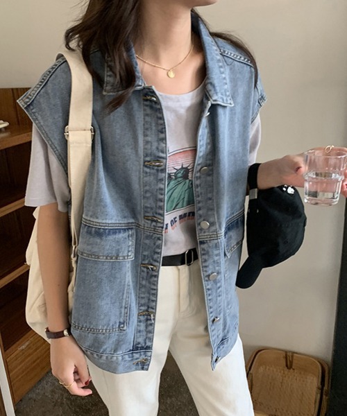 Miniministore(ミニミニストア)の「デニムベスト ジレ レディース 重ね着(ベスト・レディース・サックスブルー/ブラック・FREE)」の7枚目の写真