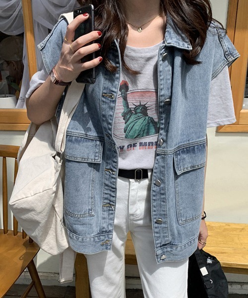 Miniministore(ミニミニストア)の「デニムベスト ジレ レディース 重ね着(ベスト・レディース・サックスブルー/ブラック・FREE)」の8枚目の写真