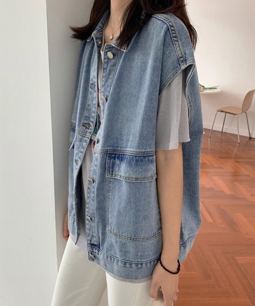Miniministore(ミニミニストア)の「デニムベスト ジレ レディース 重ね着(ベスト・レディース・サックスブルー/ブラック・FREE)」の9枚目の写真