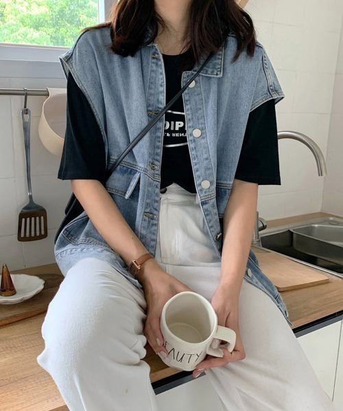 Miniministore(ミニミニストア)の「デニムベスト ジレ レディース 重ね着(ベスト・レディース・サックスブルー/ブラック・FREE)」の10枚目の写真