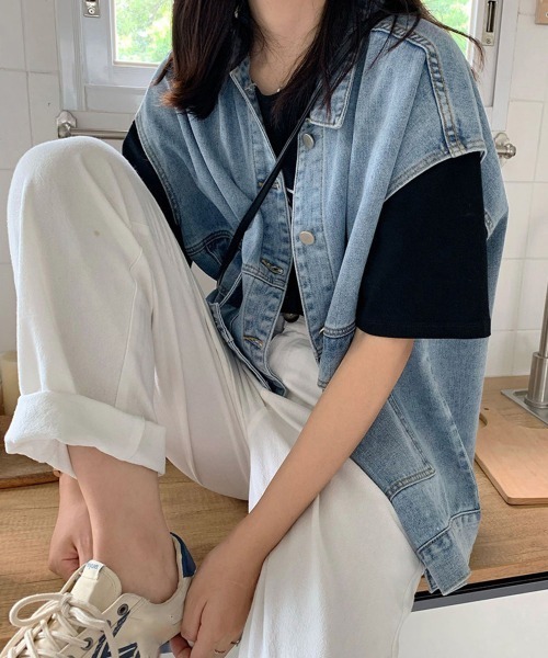 Miniministore(ミニミニストア)の「デニムベスト ジレ レディース 重ね着(ベスト・レディース・サックスブルー/ブラック・FREE)」の11枚目の写真