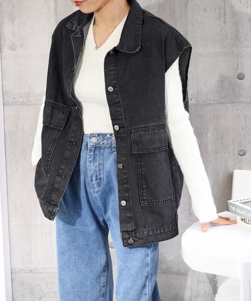 Miniministore(ミニミニストア)の「デニムベスト ジレ レディース 重ね着(ベスト・レディース・サックスブルー/ブラック・FREE)」の14枚目の写真