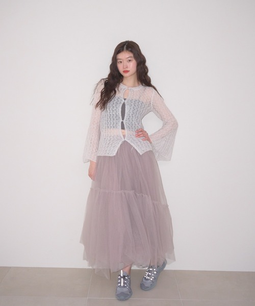 muguet ミュゲ frill knit short pants ivory Gihuo Women' s Striped 2 Piece Outfits Crewneck Knit
